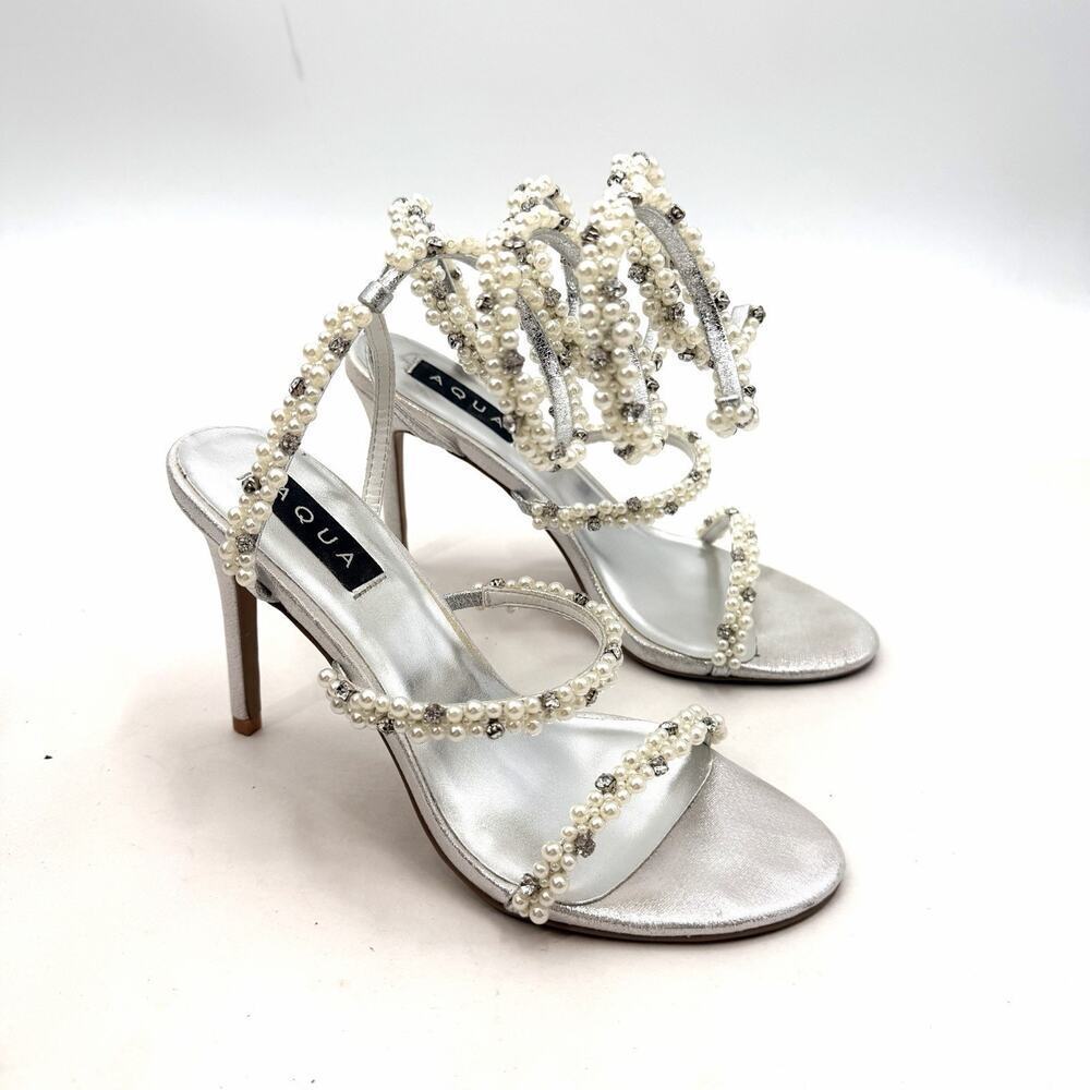 AQUA Duet Silver Rhinestone & Pearl Evening Wedding Bling Heels Womens 9